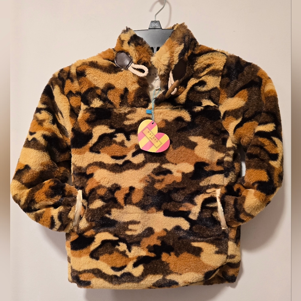101 Hayden Girls Size Small Plush Fur Pullover Jacket - Yellow & Black Camo